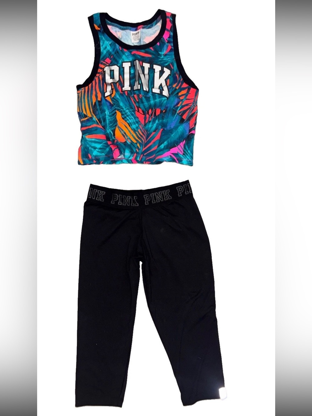 Pink Victoria’s Secret 2 Pc Set Tropical Ringer Tank (XS) Cropped Leggings (S)
